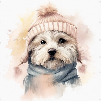 Cute Havanese puppy clipart ,happy expression, standing in dynamic pose, FLUFFY FUR, wears a COZY HAT, COTTON KNITTED SCARF, SWEATER, front view, in the style of watercolor cartoon clipart, kate greenaway style, high resolution, composition free space, pastel color scheme, soft and tender, watercolour clipart, watercolor illlustration for kids and children,isolated white background, clipart most popular on etsy, book illustration, featured on dribble,print on demand image, PNG tranparent backgro