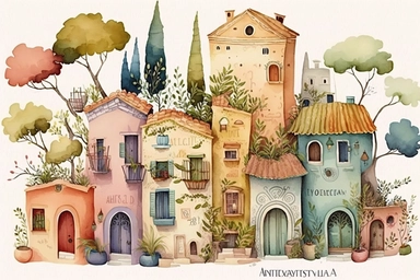 Very cute and Whimsical antique houses of Athens, ancient Greece, Parhenon, colorful, Watercolor, clip art, white background,