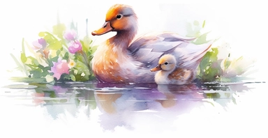Adorable mother and baby duck, lake, countryside, pastel colours, ornamental watercolor clipart, white background, I can’t believe how beautiful this is
