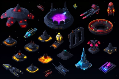 isometric game sprites, spritesheet, clipart, futuristic family hover crafts, gaming assets, sci-fi, fun, creative, cartoon render, hyper-detailed, black background, inspired by one random famous product designer, inspired by one random famous sci-fi movie