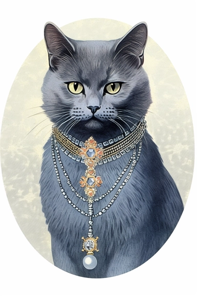 Vintage 1920 Russian Blue Cat with a sleek bluish-gray coat wearing an elegant silver necklace encrusted with shimmering crystals and a matching bracelet Illustration , Chromolithograph, Die Cut, 1920s Illustration, Vintage, Chromolithograph, Colorful, Antique, Ephemera, Clipart, 8k, Isolated on white