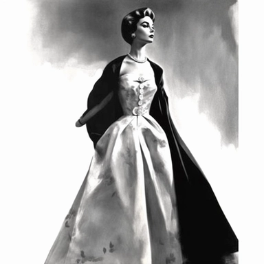 1960s woman standing in beautiful dress, christian dior high fashion, clip art, black and white, illustration, watercolor,, detailed painting, very high quality, hd, spaced out ar 3:2