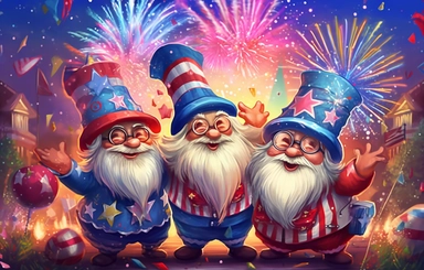 gnomes celebrating 4th july clipart by rebecca studio, in the style of stars and stripes, fireworks, flags, rinpa school, tanya shatseva, keos masons, theodore rousseau, colourful cartoon
