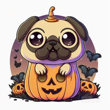 halloween pug colourful anime manga kawaii cute vibrant clipart vivid, white background