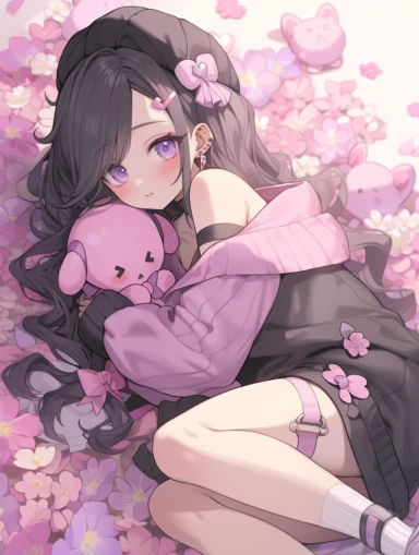 laying in flowers, anime girl, long purple ponytails with blue highlights, dark pink eyes, blushing, oversized grey hoodie, hair clips, thigh highs, stockings, pearl necklace, purple hair, dark pink eyes, pink eyes, shorts, pastel, mischievous