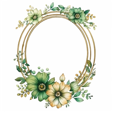 watercolor clipart of a empty suttle dainty floral oval frame surrounded by gold color flowers and emerald green flowers. Capture the essence of blooming beauty and intricate details in your artwork, white background