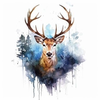 double exposure, deer head and forest,watercolor,white background,clipart