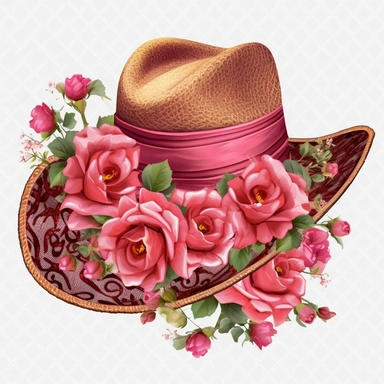 clipart, vector, cowgirl hat with roses only on the inside brim, separate each element, transparent background.