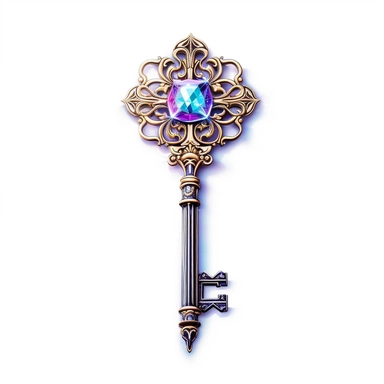 A mesmerizing clipart showcasing a legendary fairy tale tool: a shimmering and ornate key of wondrous proportions. The key should possess intricate details, such as delicate engravings depicting mythical creatures or symbols of magic. Its handle should be crafted from a rare and iridescent material, radiating an ethereal glow. The teeth of the key should be intricate and unique, as if they hold the secrets to unlocking mystical realms. Place the key against a pristine white background