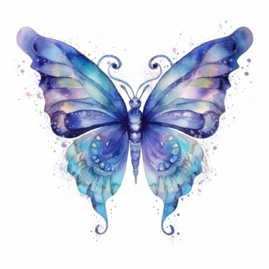 A captivating butterfly with wings shimmering like a mermaid's tail clipart, white background, watercolor drawing