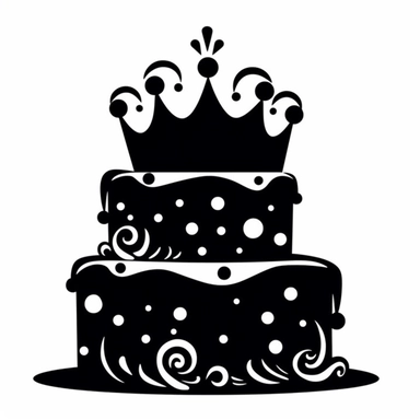 birthday cake with princess crown on, it decal simple cutout clipart, black silhouette,