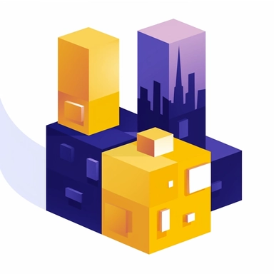 three building blocks. cartoon style, vector art. high contrast. color palette: yellow-gold, navy blue, bright violet. icon, sticker, clipart, logo. white background