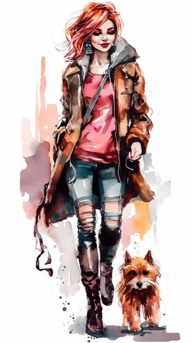 cute young high fashion woman wear Doc Martens shoes, walking her adorable little dog, vector clipart alcohol ink