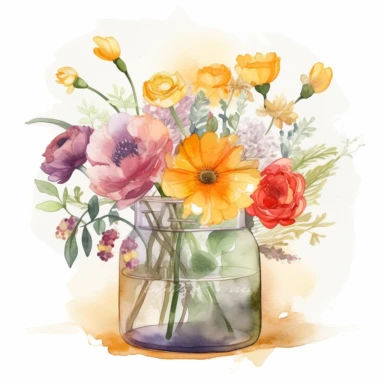 Transparent Vase of summer Flowers Clipart, High Quality, Digital print , water colors, cheerful vibe , vector art