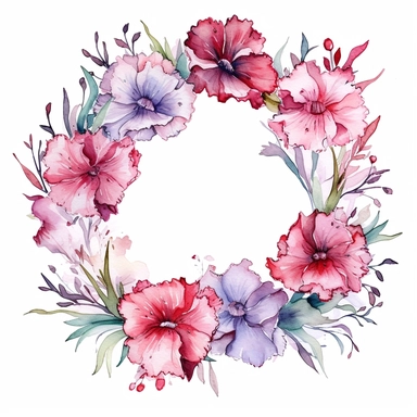 colorfull Dianthus flower crown, watercolor, white background, clipart