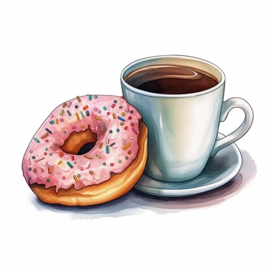 Full isolated coffee cup and donut on a plate on a white background, bolded outline clipart sticker watercolour style, bolded outline sticker, front view, isolated on a white background