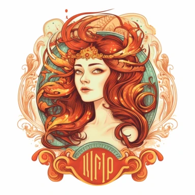 old style fire virgo zodiac, vector design illustration, in the style of detailed heavy metal embroidery, hand-painted details, Horoscope Clipart, isolated white background
