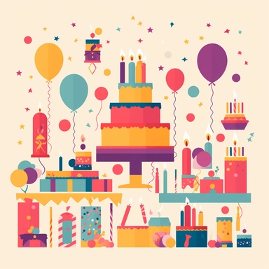 Clipart of birthday cakes, candles, gift boxes, birthday hats, balloons, confetti, in a simple style, with bright colors, bold outlines, and simple shapes. No shadows