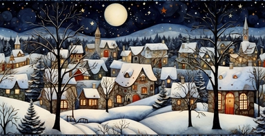 peaceful Christmas eve in the village, at dusk, intricate, ornamental watercolour clipart