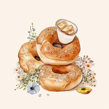 bagel food, cottagecore, whimsical, folk illustration, white background, clipart