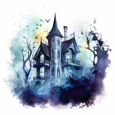 watercolor clipart showcasing a spooky gothic house nestled in a moonlit forest, the houses appearing as if they were taken from a fairy tale, adorned with ornate balconies, turrets, and ivy-covered walls, their silhouettes casting elongated shadows on the mist-covered ground below, the forest enveloped in an otherworldly glow, watercolor painting, ethereal washes of color capturing the magical atmosphere,