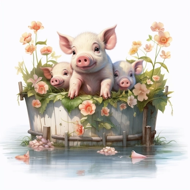 Capture a charming commercial moment with a beautifully detailed, ultra-realistic illustration of a lovable [happy little pigs splashing in the pond of a nice and floral farm], creating an endearing scene ideal for nursery-style clipart and baby room déco