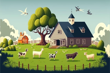farm house cartoon, farm house with animals, farm house clipart , clipart, hand drawn, farm style, agriculture, green grass farm house, green grass area, farmhouse with agriculture, farm animals , light colors