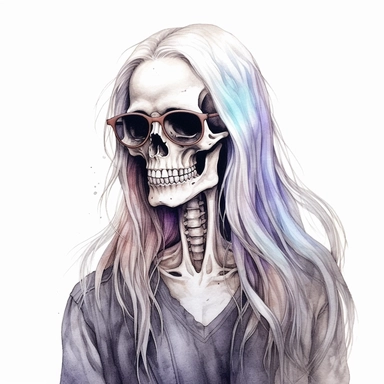 skeleton, with long hair, wearing glasses, gothic, watercolor, clipart elements, smooth gradients, black contour outline, ultra detailed, white background, super clear, high quality