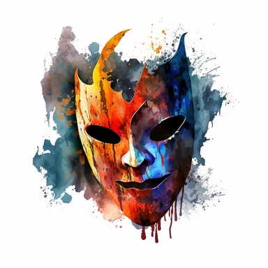 scary halloween mask watercolour tempera clipart illustration, vivid dark colours, clean, crisp, smooth, white background