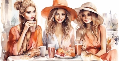 three multicultural fashion group of girls friendships in Paris having a brunch , Watercolour Boho, Clipart, on a white background, detailed, 8k, photographic, realistic