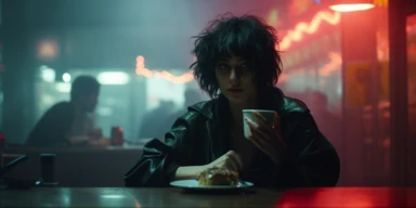 Wide shot. Future Thriller, Denis Villeneuve. Future Paris in 2060. Foggy night. Small street, the smell of street food. A woman journalist, badass, punk, with black hair, played by Agathe Rousselle, is wearing an Akira inspired futuristic jacket. She is eating ramen and a beer in a small Ramen place. on her table she has her photographic camera