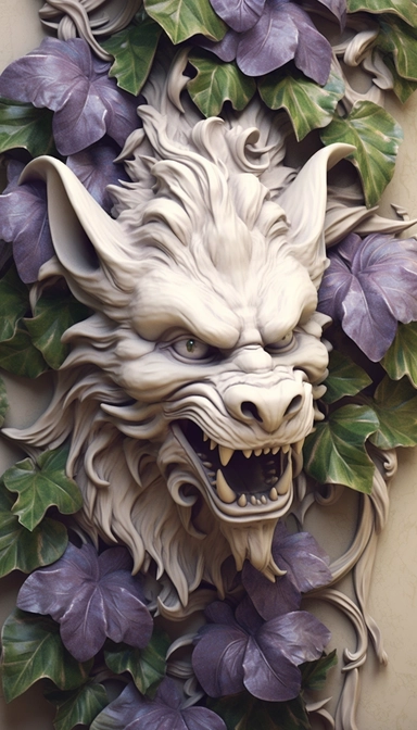 friendly gargoyle, Ivory and purple flowers, Leaves, vintage Pastel Cream Background, Smoke Petals, Maximalist, Hyper Detailed, 3D rendered, 8k polished, Hyper Realistic Intricate details, hyper realistic, intricate detail, painting, shabby chic, clipart