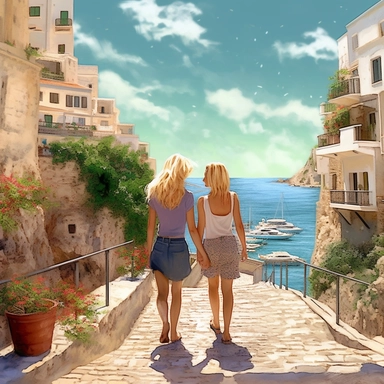 panoramic view, full view, landscape, two beautiful female best friends with blonde hair walking, smiling and chatting, beautiful faces, along a cobblestone walkway in a beautiful mediterranean town with view of beautiful blue water, cascading bougavanelia, beautiful summer day, illustration clipart, photo realistic, romantic, fantasy, ethereal, sharp focus, high detail,