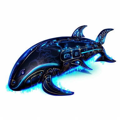 a glowing tribal blue whale with blue lights on his eyes, tribal animals, in the style of bold black outlines, manhwa character design, master of shadows, burned/charred, himalayan art, dark black and light azure, 2d game art, quadratura, clipart, on white blackground