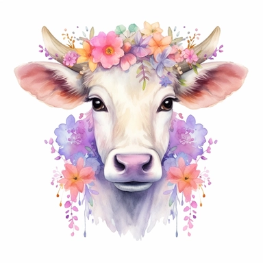 Cute Beautiful Pastel Color Fairy Cow Cattle Flower Watercolor Sublimation Clipart,Cartoon,hyper realistic, intricate detail, illustration style,high solution,on the white background