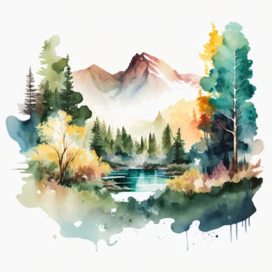 aquarel, jaw dropping beautiful forest landscape with mountains and river in the sun, nature, clipart png, white background