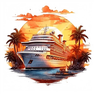 fantasy cruise ship in sunset, paradise island digital clipart on white background