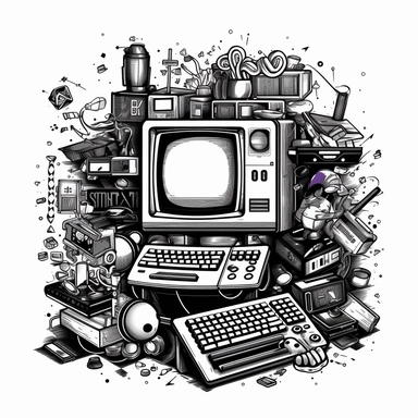 at 10:27 PM Create a 2-dimensional bitmap clip art image in black and white style of a classic 90s computer. Surround the computer with hand-drawn 90s icons and symbols like floppy disks, joystick controllers, and pixelated game characters.