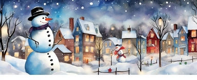 Watercolor drawing, christmas lights, large snowman, the city at night, the lights on, bright colors, ultradetailed hd, style by Lucy Fleming, watercolor, smooth gradients, black contour outline, ultra detailed, clipart elements, delicate pastel colors, s