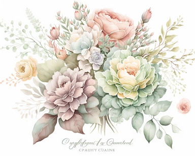 soft colorful pastel colored floral arrangement clipart, soft and subtle, colorful fairy pastel colors watercolor style, fawncore, pastel roses only, dreamy green and yellow pastel colors, muted pastel colors, plain white background, use of fabric, excellent depth of shading in soft watercolor style, watercolor artwork, plain white background for transparent editing