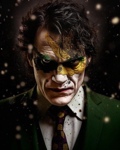 Digital art, Extreme Closeup of Joker with gold makeup and black hair, in the style of dadaist photomontage, octane render, kintsugi, devilcore, raw character, dark silver and gold, sony alpha a7 iii. Wearing a gold suit with black accents, a purple shirt, and a green tie, he stands in front of a chaotic collage of newspaper clippings, posters, and photographs, some of them torn or burned. His face is covered with gold paint, except for his eyes and mouth, which are exaggerated with black eyelin