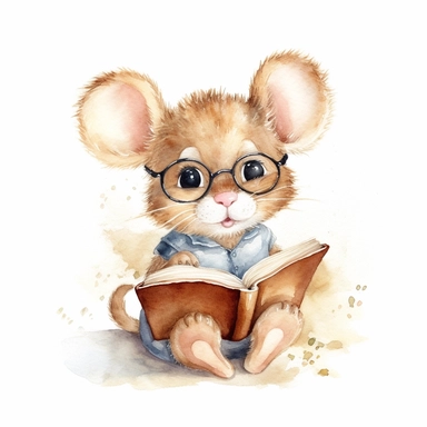 watercolor clipart, cute little brown mouse wearing glasses and reading a book, soft golden glow, isolated and centered on a white background