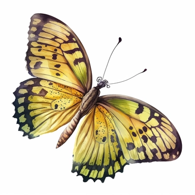 watercolor butterfly clipart, exotic flying butterfly, full yellow, bright color, no outlines, white background, no text