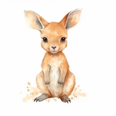 a dreamy baby kangaroo with kind eyes clipart with watercolor illustration,full body shot,8k,etsy style, white background