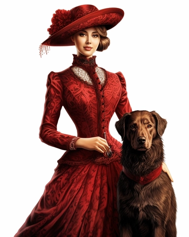 detailed beautiful lady facing me and smiling with victorian vintage hat, dressed in a red victorian vintage dress, with a dog , hyper realistic, 8k, isolated on white backgorund, clipart