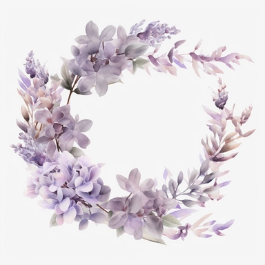 watercolor lilac and lavander wreath on white background, in the style of muted and subtle tones, intricate floral arrangements, uhd image, subtle realism, asymmetrical framing, fawncore, wedding clipart, floral accents, no background