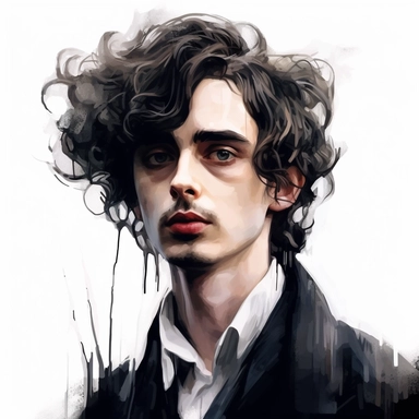 Beautiful handsome young man, Tim Burton films style, paint art style, detail, clipart, white background, superrealistic, one of a kind