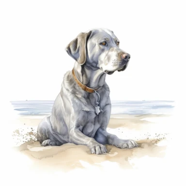Hand drawn silver Labrador, at the beach, very detailed and realistic, watercolor, white background with margins, clipart style