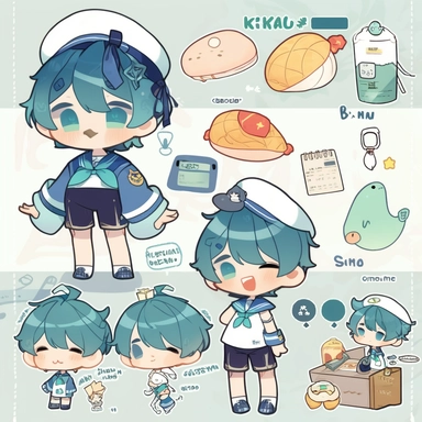 character sheet,knoling,clipart,belongings catalog, cute chibi character, long pale blue-green hair, long bangs, blue-green eyes, flat chest, beautiful young boy, sailor, blue shorts, dark blue socks, whale, cream soda, sandwich