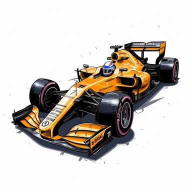 Clipart of the formula one car from Nico Hulkenberg with minimal details, aquarel colored cartoon style with thick borders. Only the car. White background, no floor, no shadow
